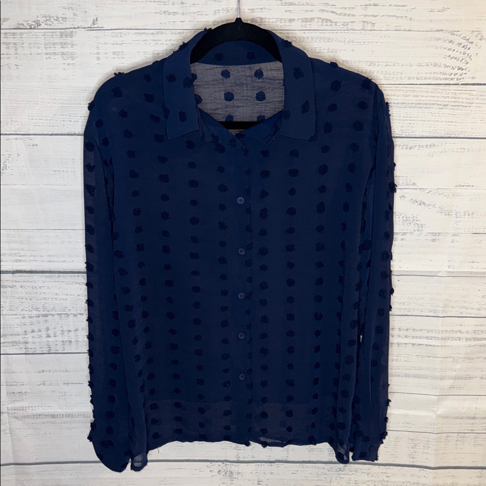 NWOT Sheer Navy Button-Up Blouse with Dotted Texture